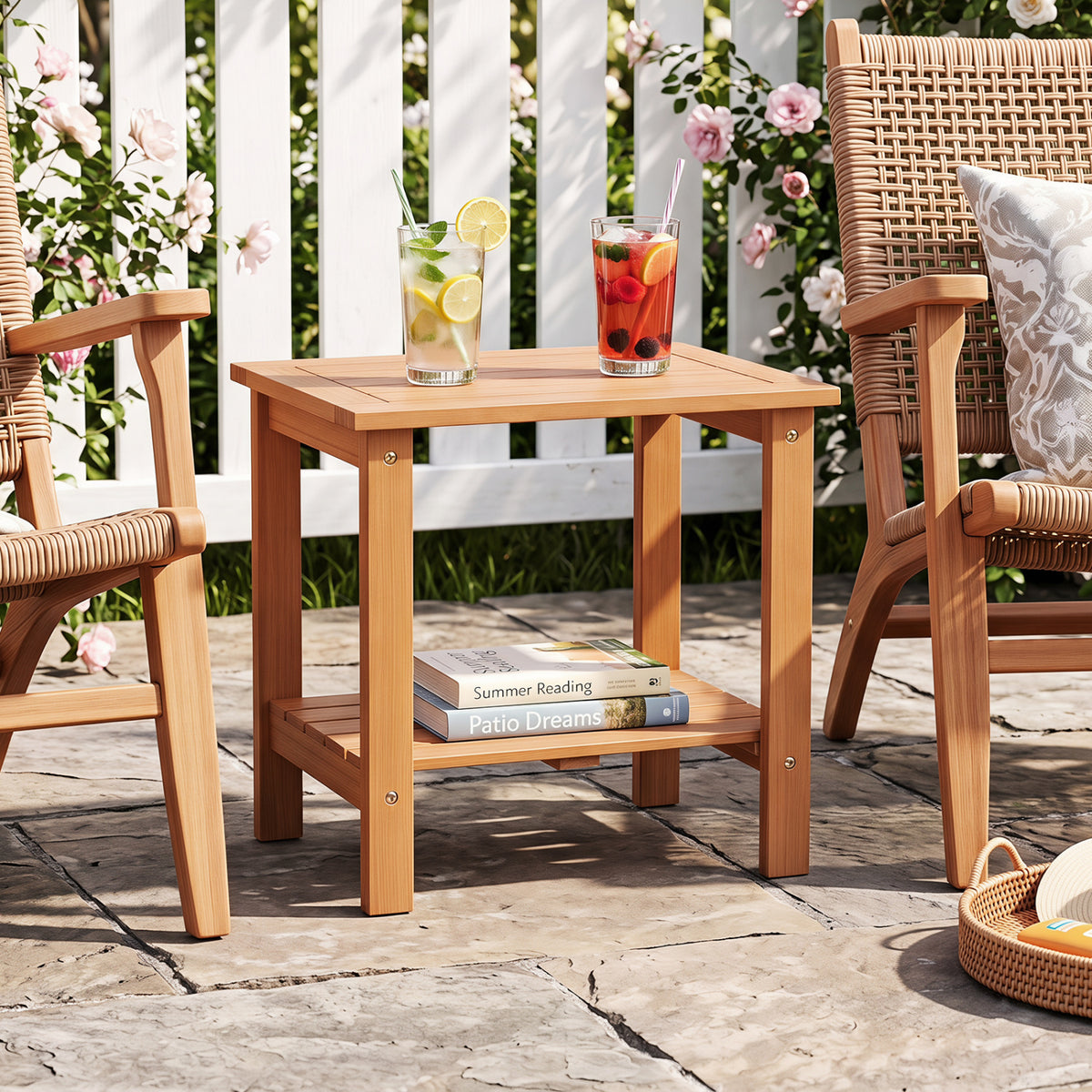 2-Tier Wood Patio End Table with Slatted Tabletop and Storage Shelf for Backyard