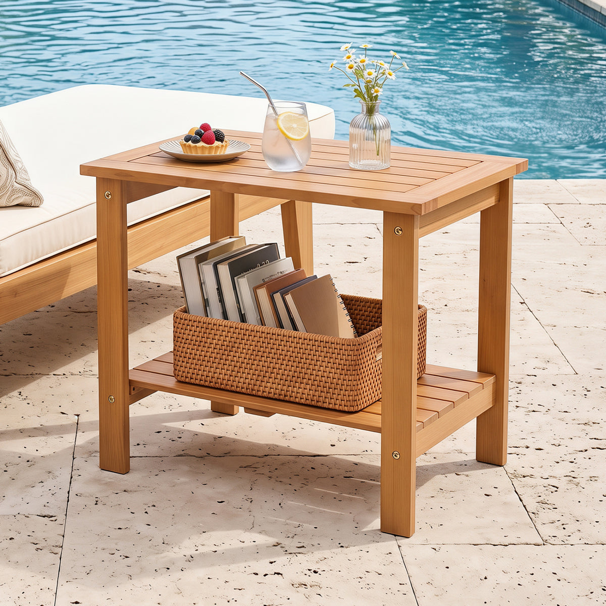 2-Tier Wood Patio End Table with Slatted Tabletop and Storage Shelf for Backyard