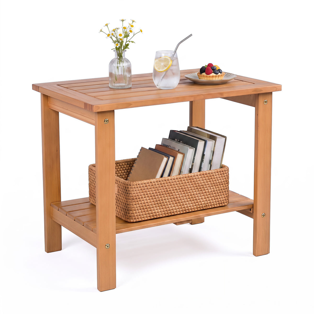2-Tier Wood Patio End Table with Slatted Tabletop and Storage Shelf for Backyard