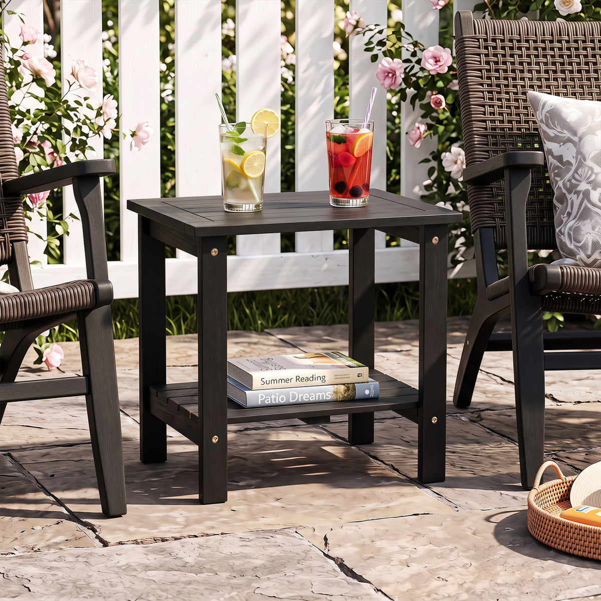 2-Tier Wood Patio End Table with Slatted Tabletop and Storage Shelf for Backyard