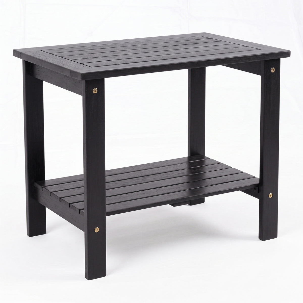 2-Tier Wood Patio End Table with Slatted Tabletop and Storage Shelf for Backyard
