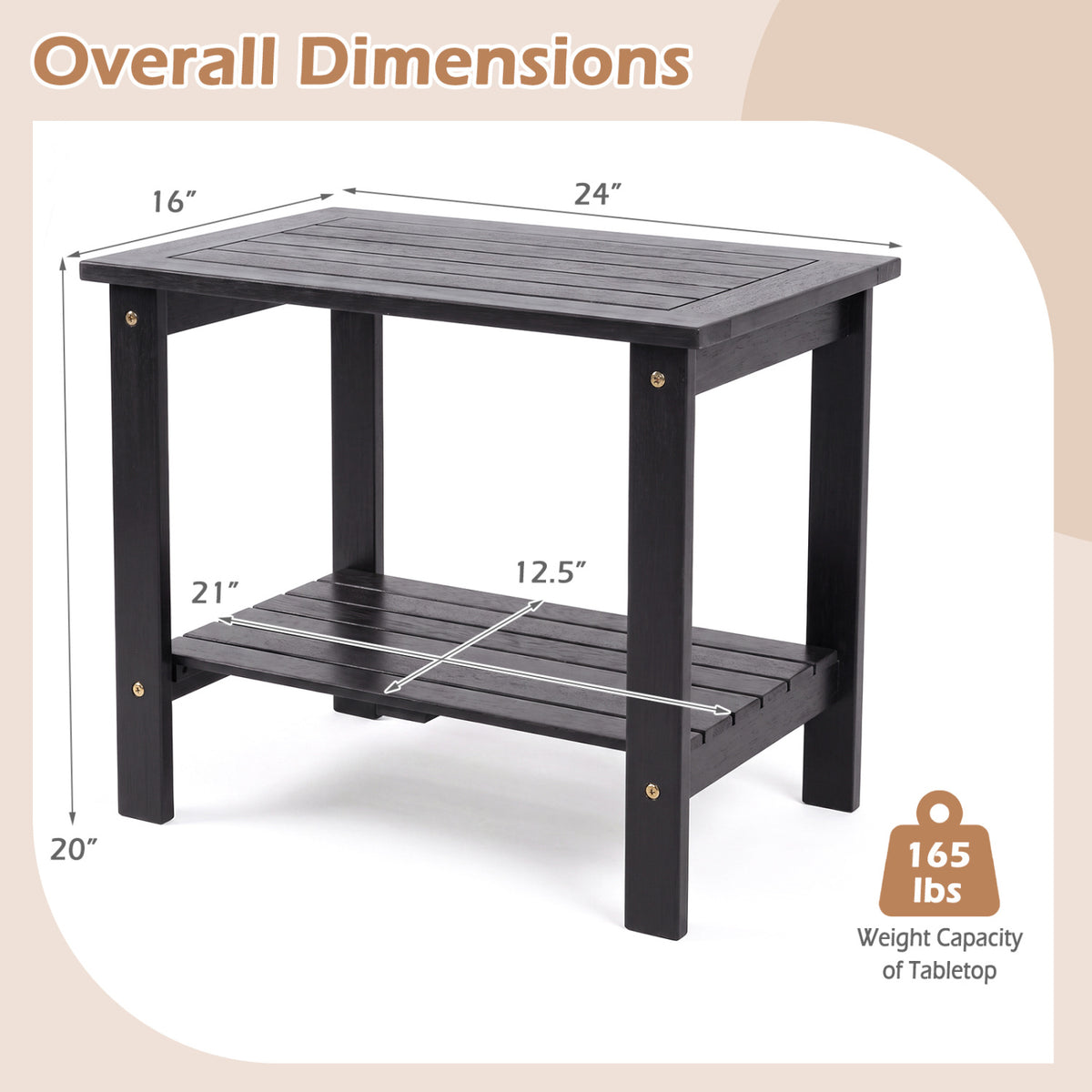 2-Tier Wood Patio End Table with Slatted Tabletop and Storage Shelf for Backyard