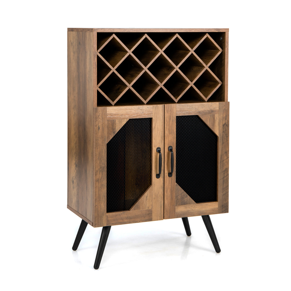 2-Door Farmhouse Kitchen Storage Bar Cabinet with Wine Rack and Glass Holder-Rustic Brown