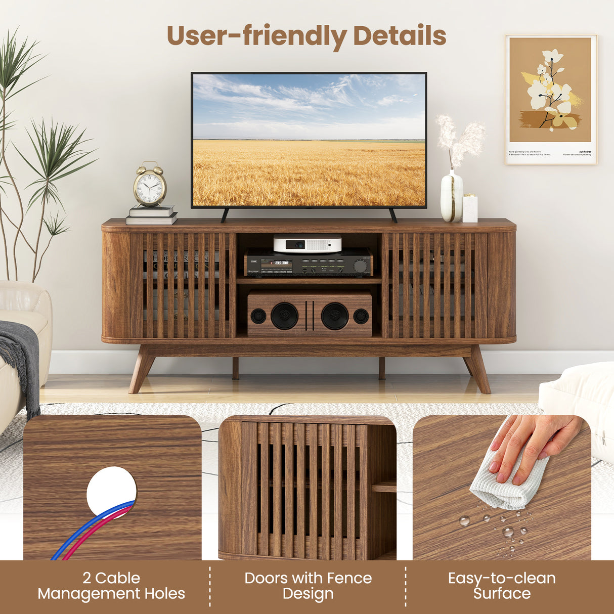 2-Door TV Stand for TVs up to 60 Inches with Adjustable Shelves-Walnut