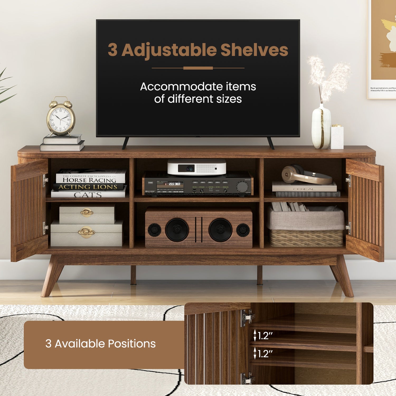 2-Door TV Stand for TVs up to 60 Inches with Adjustable Shelves-Walnut