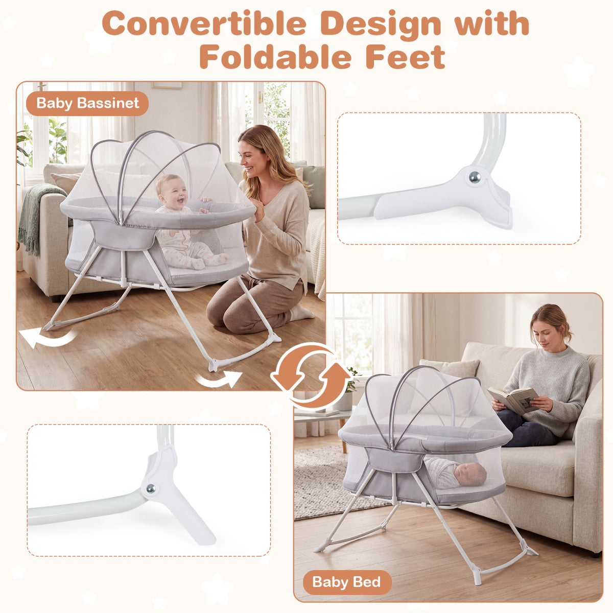 1 Baby Bassinet with Rocking Motion Foldable Bedside Sleeper with Breathable Mesh