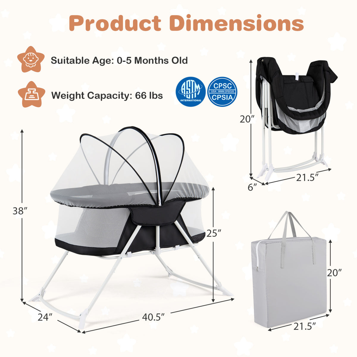 1 Baby Bassinet with Rocking Motion Foldable Bedside Sleeper with Breathable Mesh