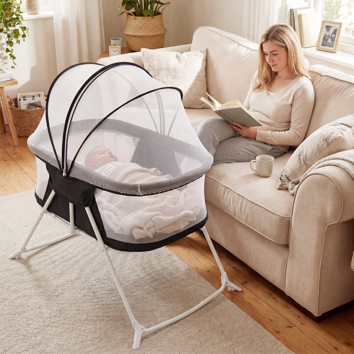 1 Baby Bassinet with Rocking Motion Foldable Bedside Sleeper with Breathable Mesh