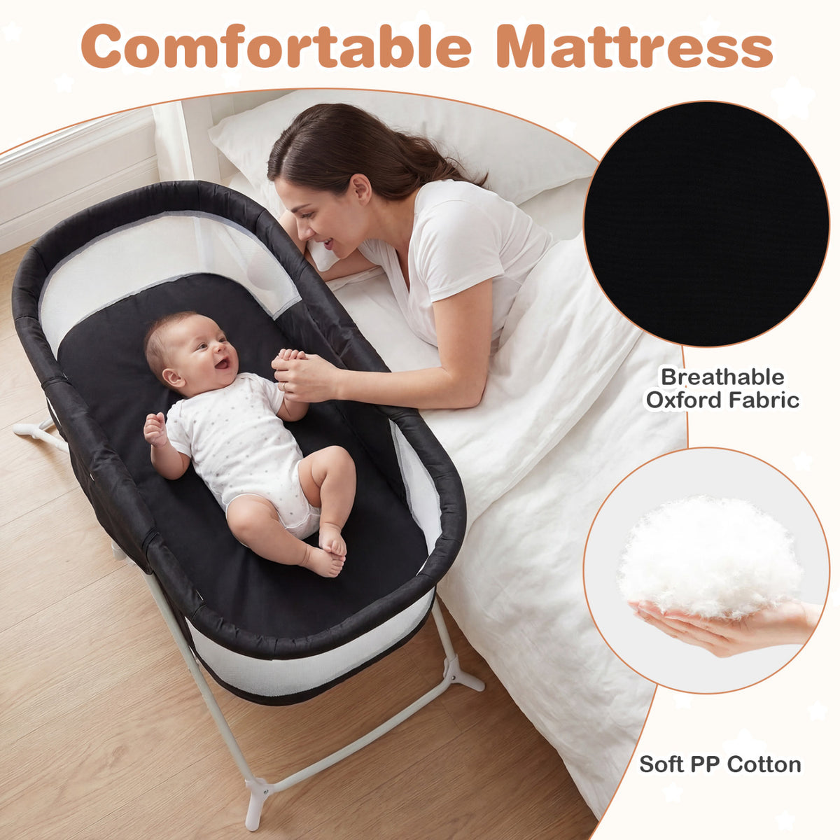 1 Baby Bassinet with Rocking Motion Foldable Bedside Sleeper with Breathable Mesh