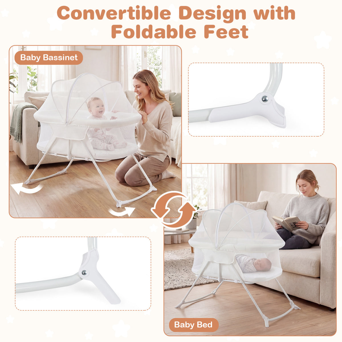 1 Baby Bassinet with Rocking Motion Foldable Bedside Sleeper with Breathable Mesh