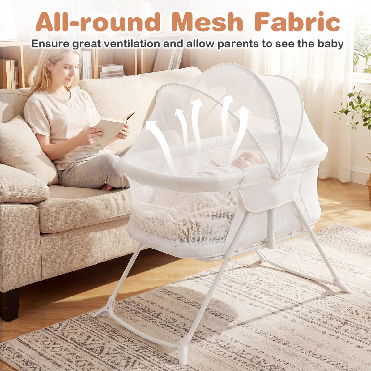 1 Baby Bassinet with Rocking Motion Foldable Bedside Sleeper with Breathable Mesh