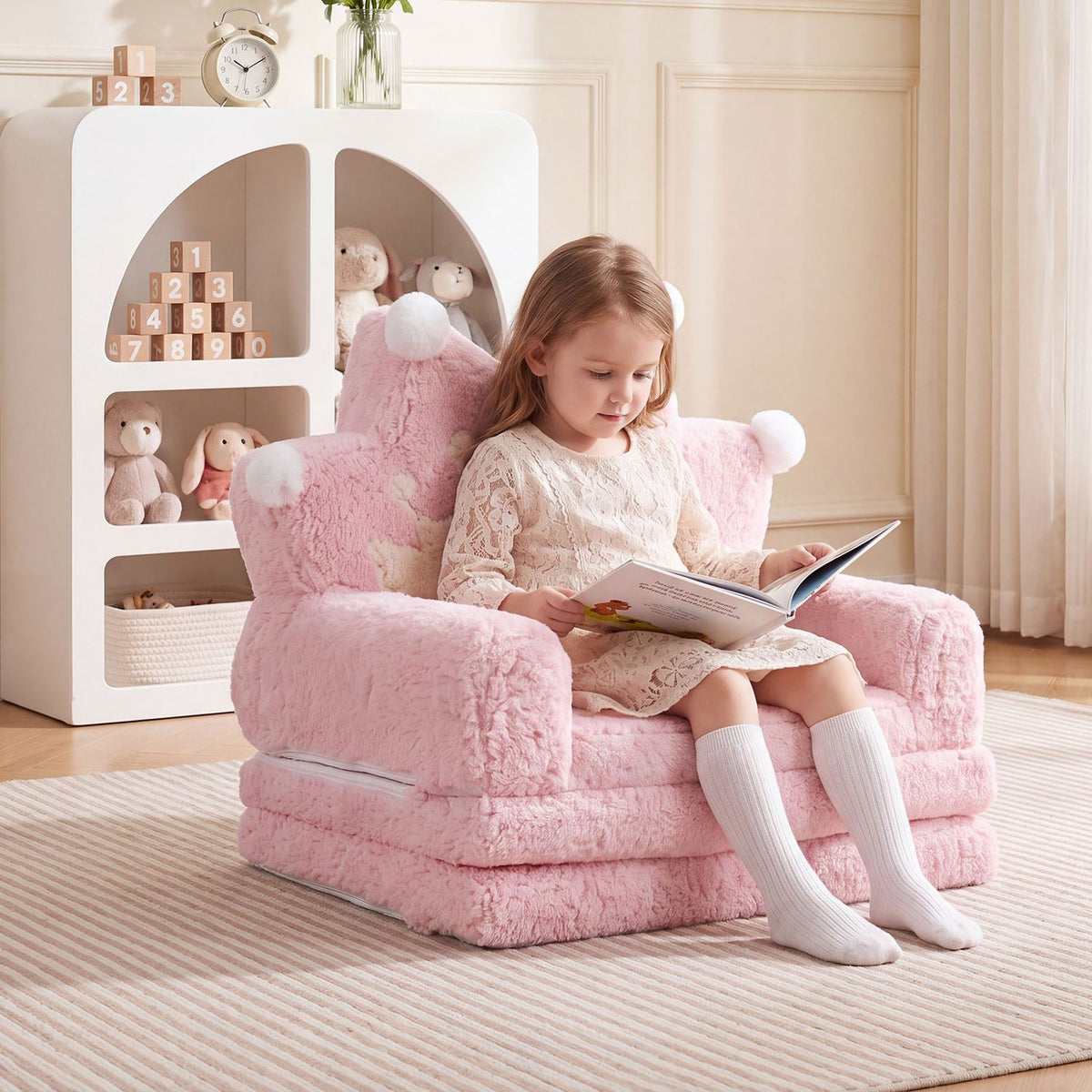 2-in-1 Foldable Kids Sofa Bed with Washable Removable Slipcover for Toddlers-Pink