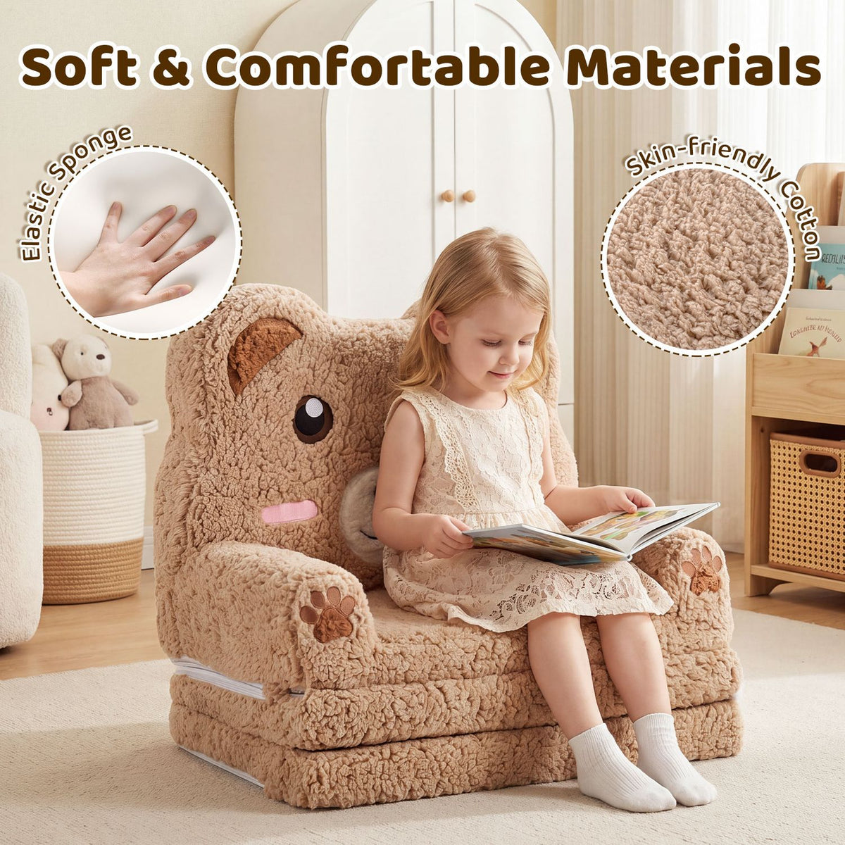 2-in-1 Foldable Kids Sofa Bed with Washable SlipcoverBear and Printed Designs for Toddlers-Brown