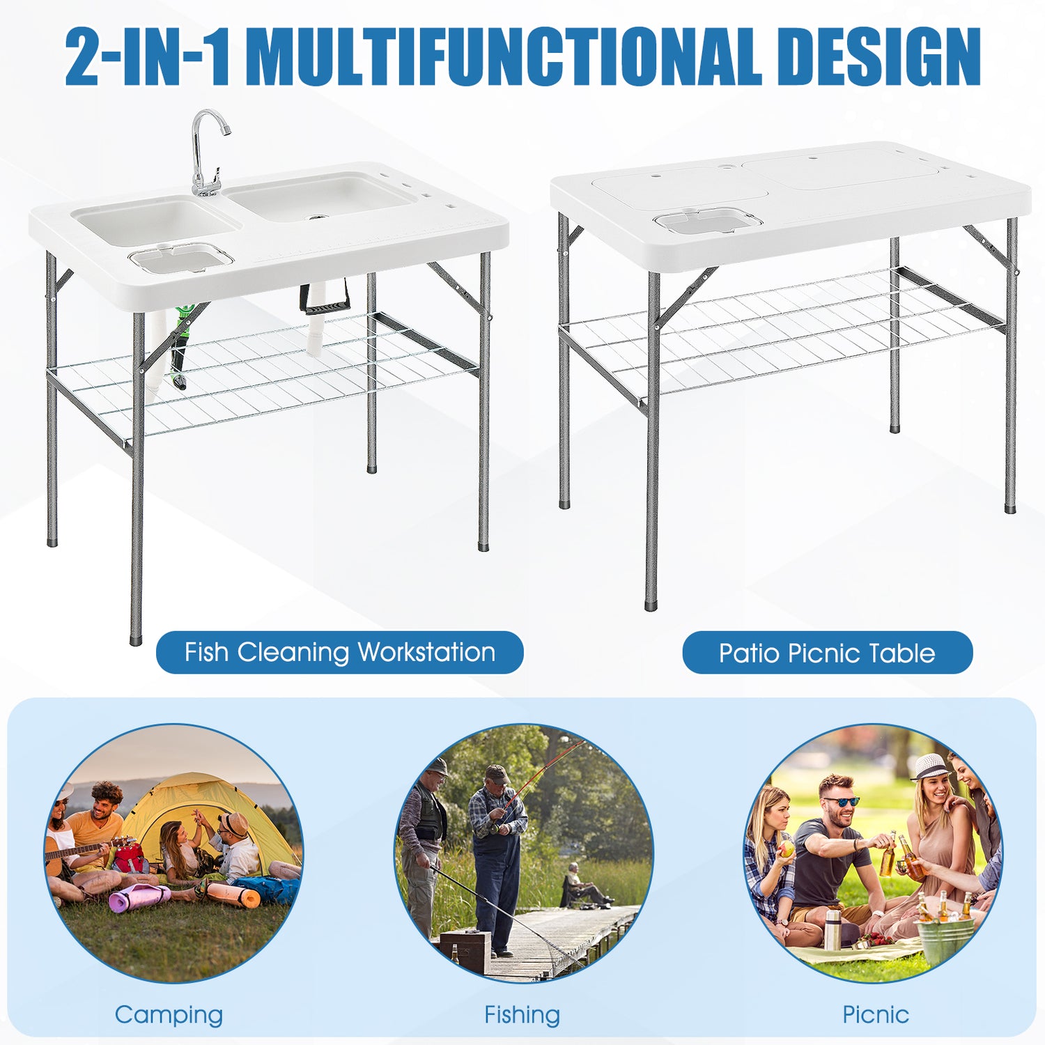 2-in-1 Folding Fish Cleaning Table-White