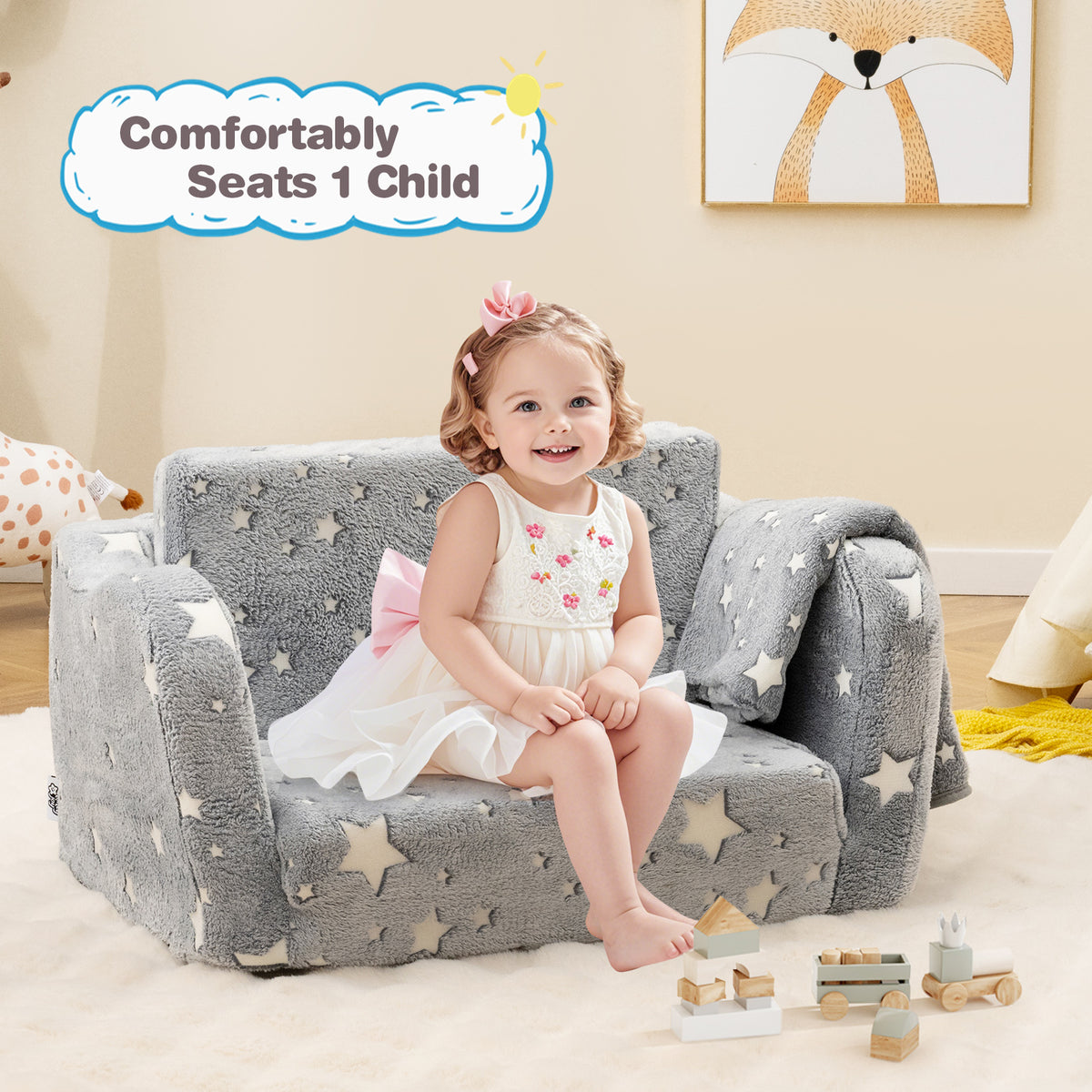 2-in-1 Folding Kids Couch with Blanket Glow in the Dark