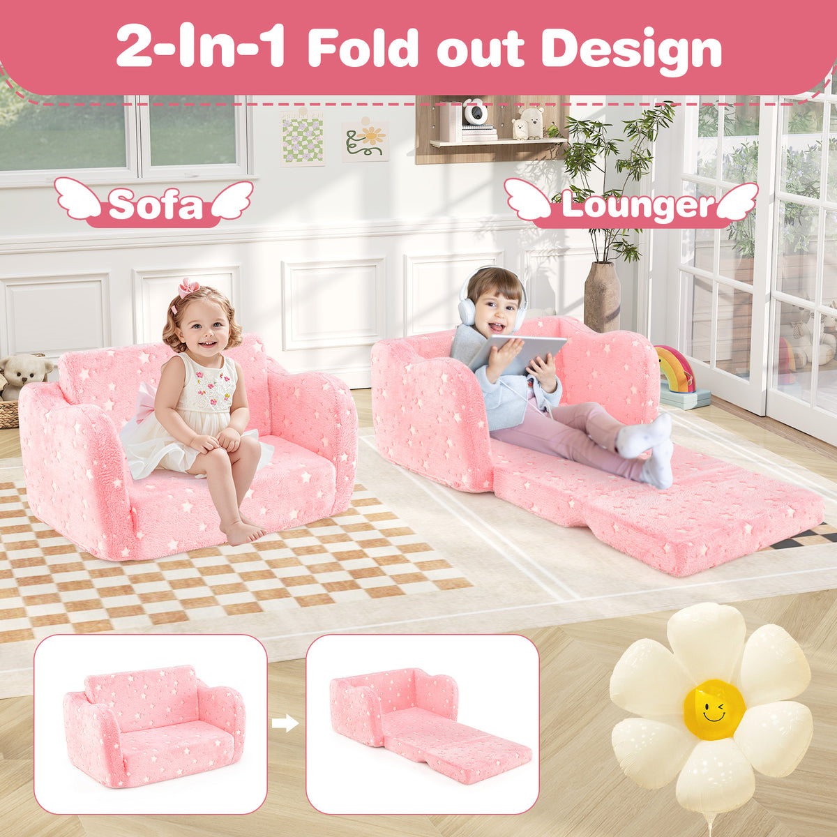 2-in-1 Folding Kids Couch with Blanket Glow in the Dark