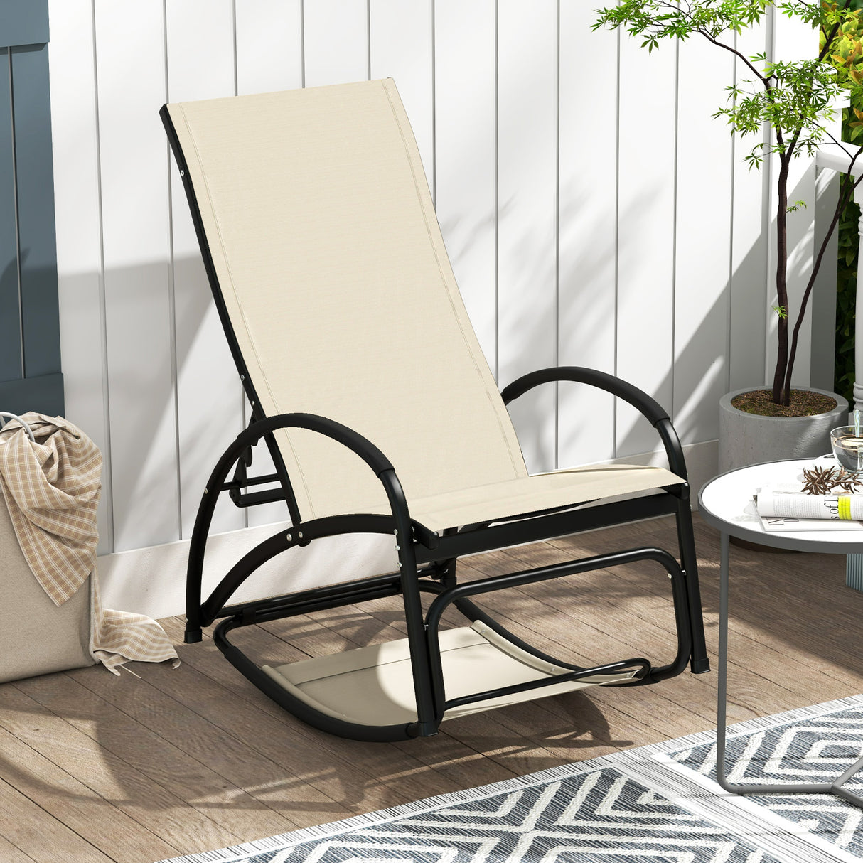 2-in-1 Outdoor Rocking Chair with 4-Position Adjustable Backrest for Patio Porch Poolside