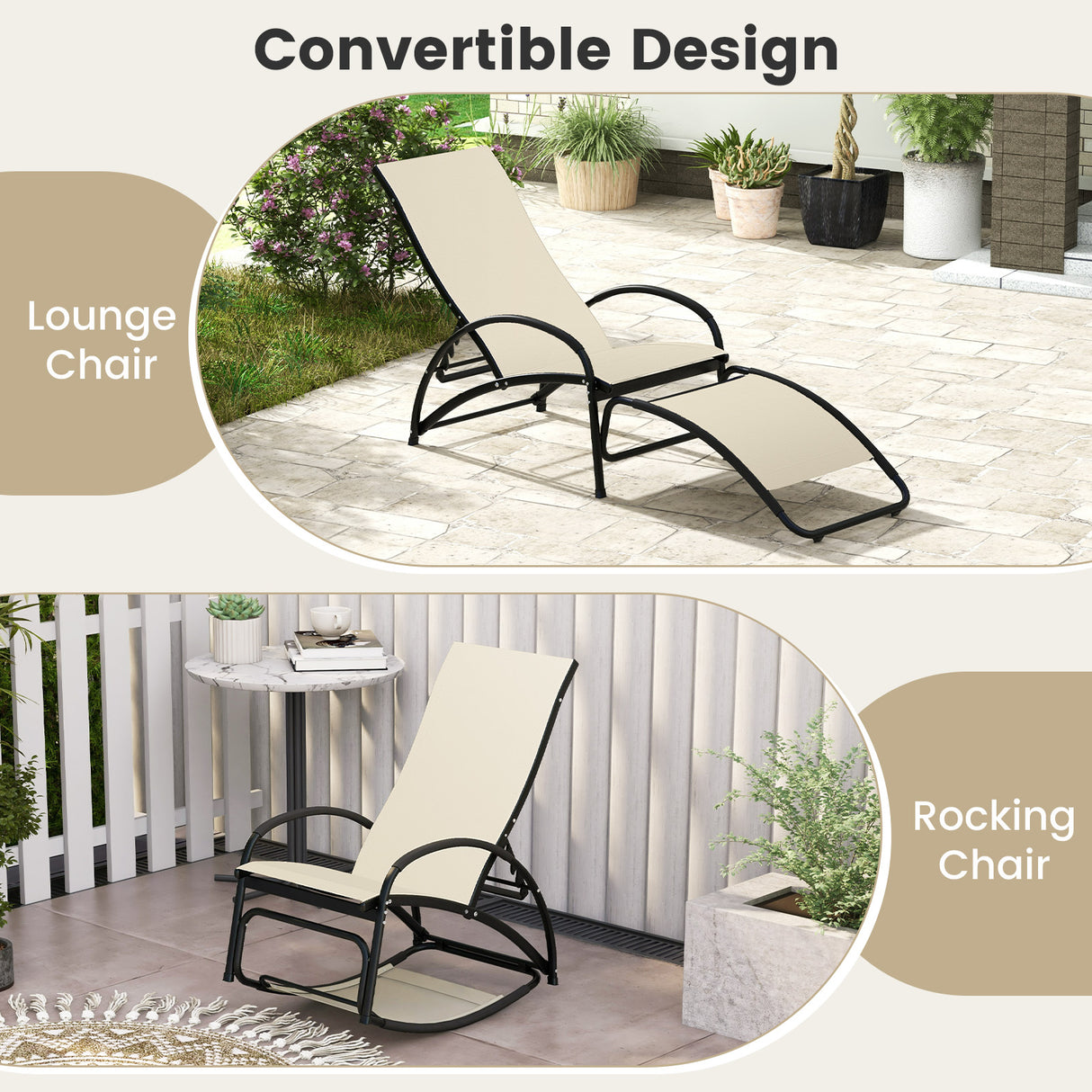2-in-1 Outdoor Rocking Chair with 4-Position Adjustable Backrest for Patio Porch Poolside