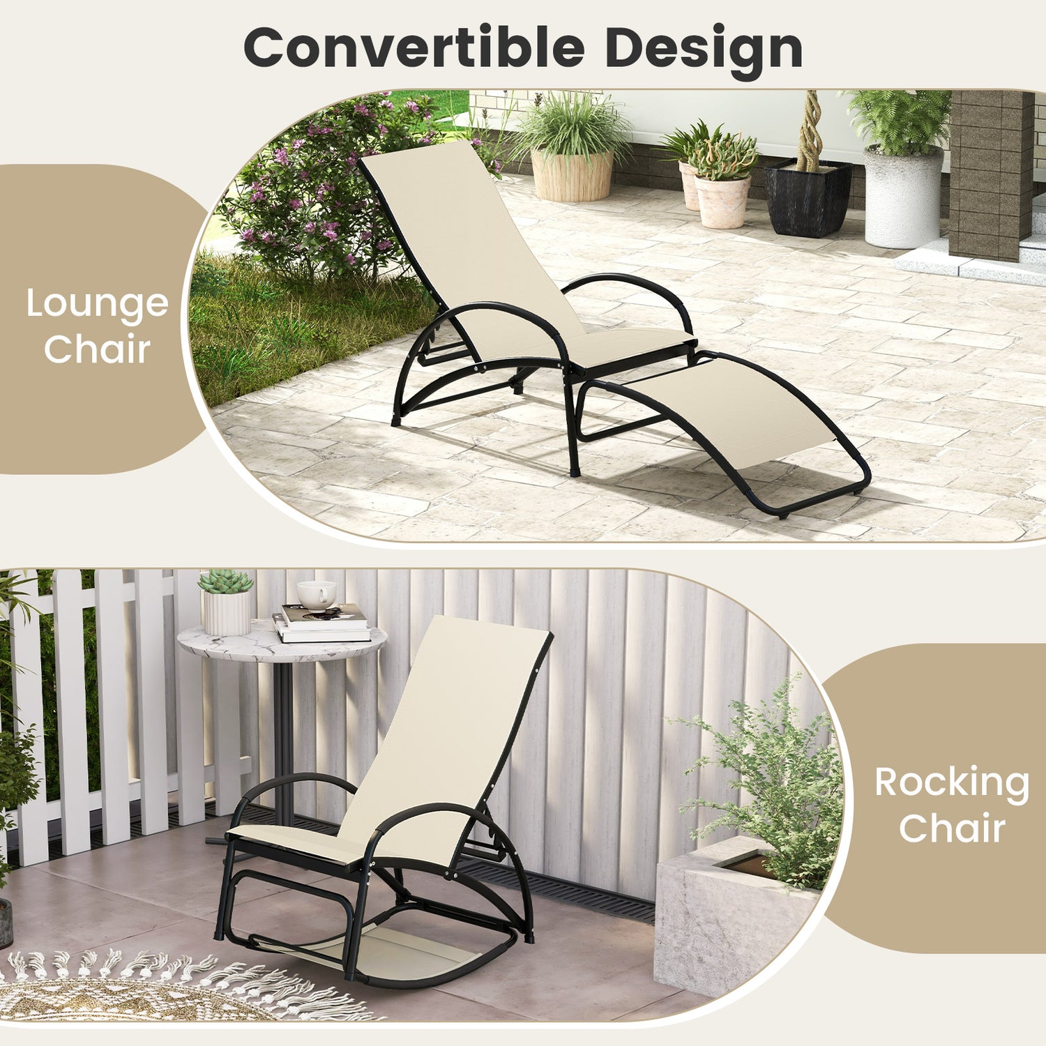 2-in-1 Outdoor Rocking Chair with 4-Position Adjustable Backrest for Patio Porch Poolside