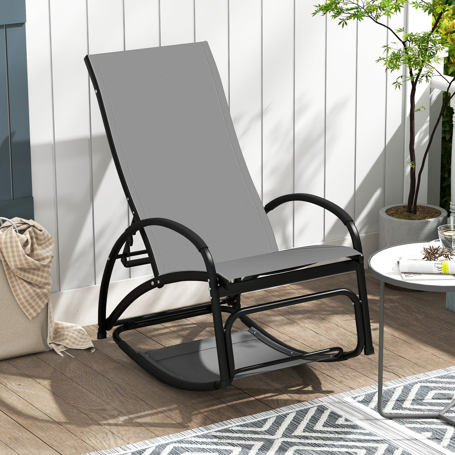 2-in-1 Outdoor Rocking Chair with 4-Position Adjustable Backrest for Patio Porch Poolside