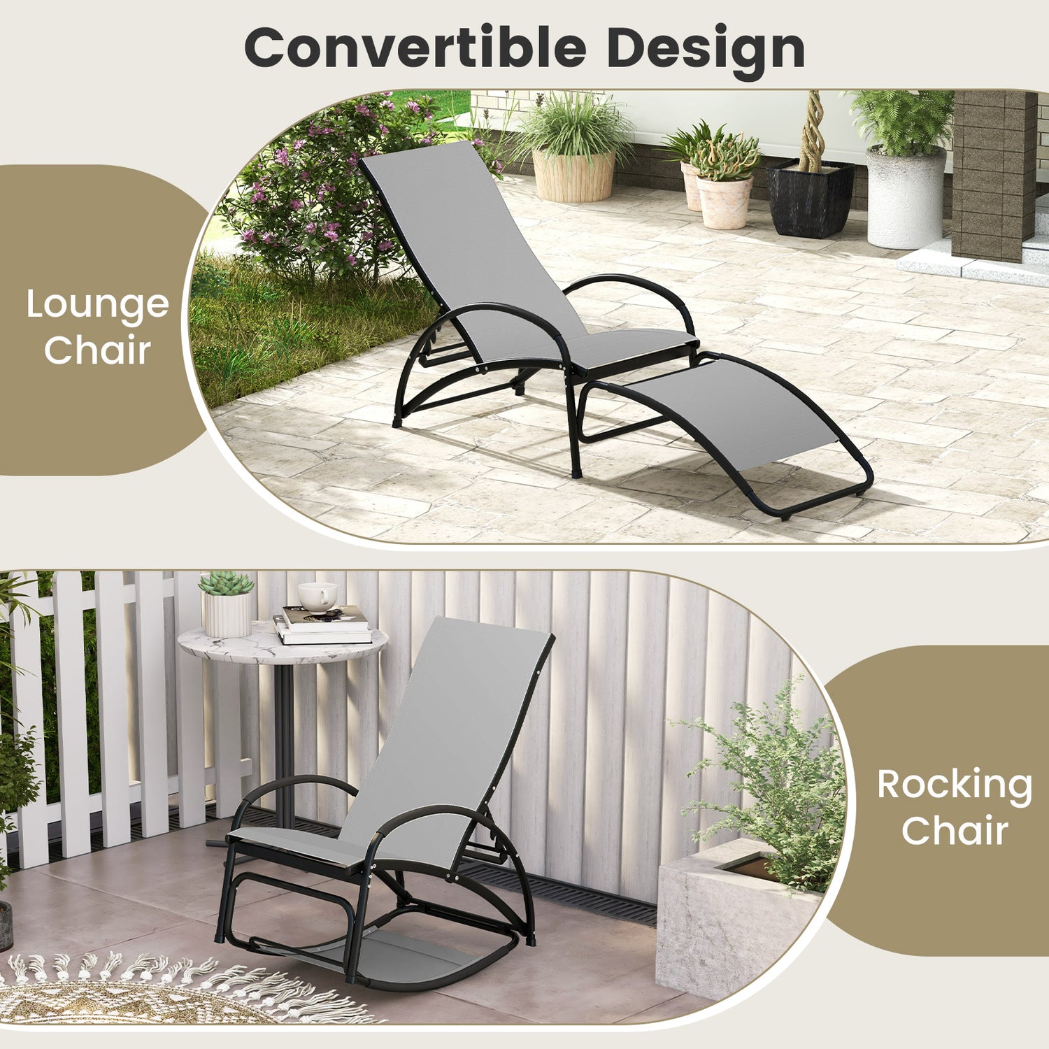 2-in-1 Outdoor Rocking Chair with 4-Position Adjustable Backrest for Patio Porch Poolside