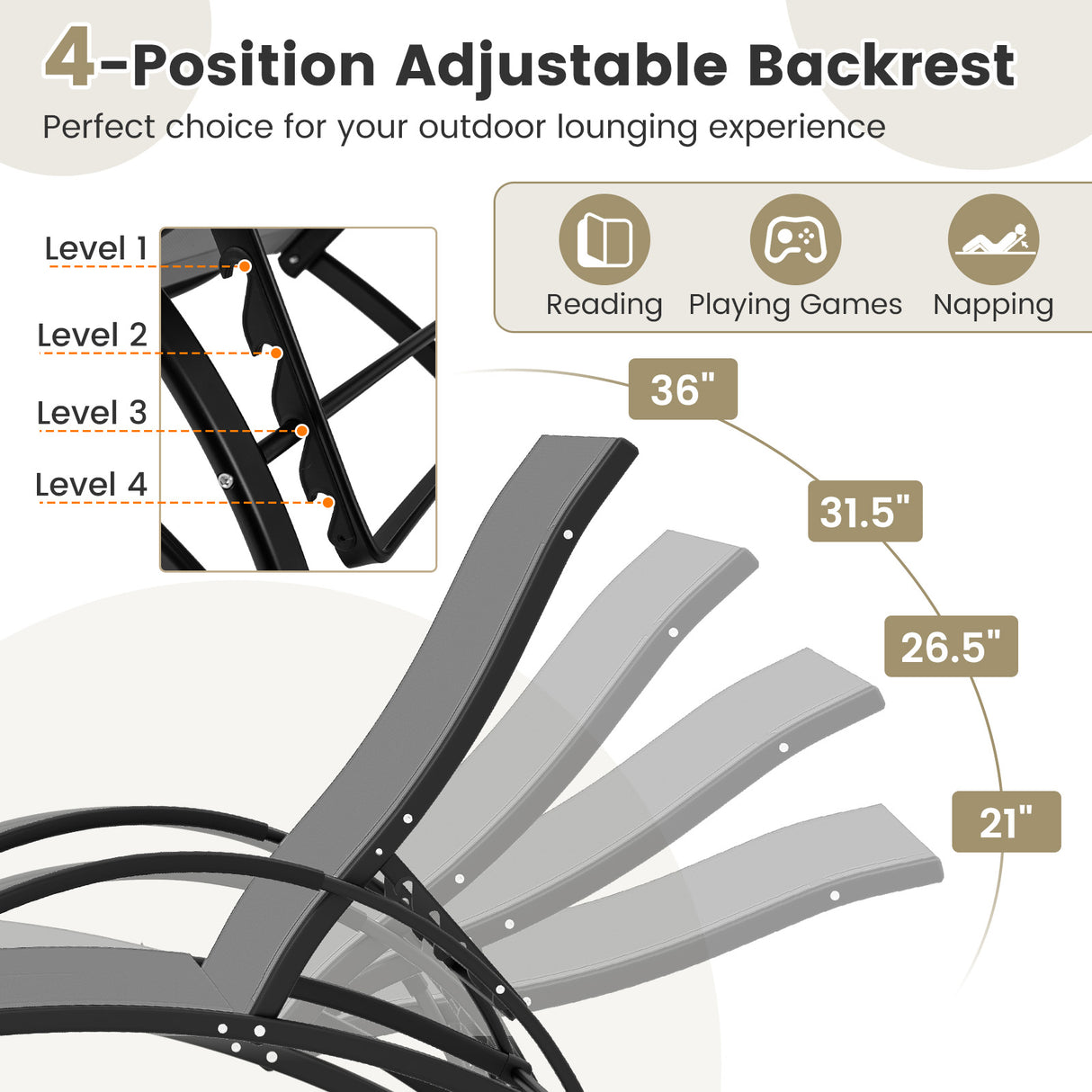 2-in-1 Outdoor Rocking Chair with 4-Position Adjustable Backrest for Patio Porch Poolside