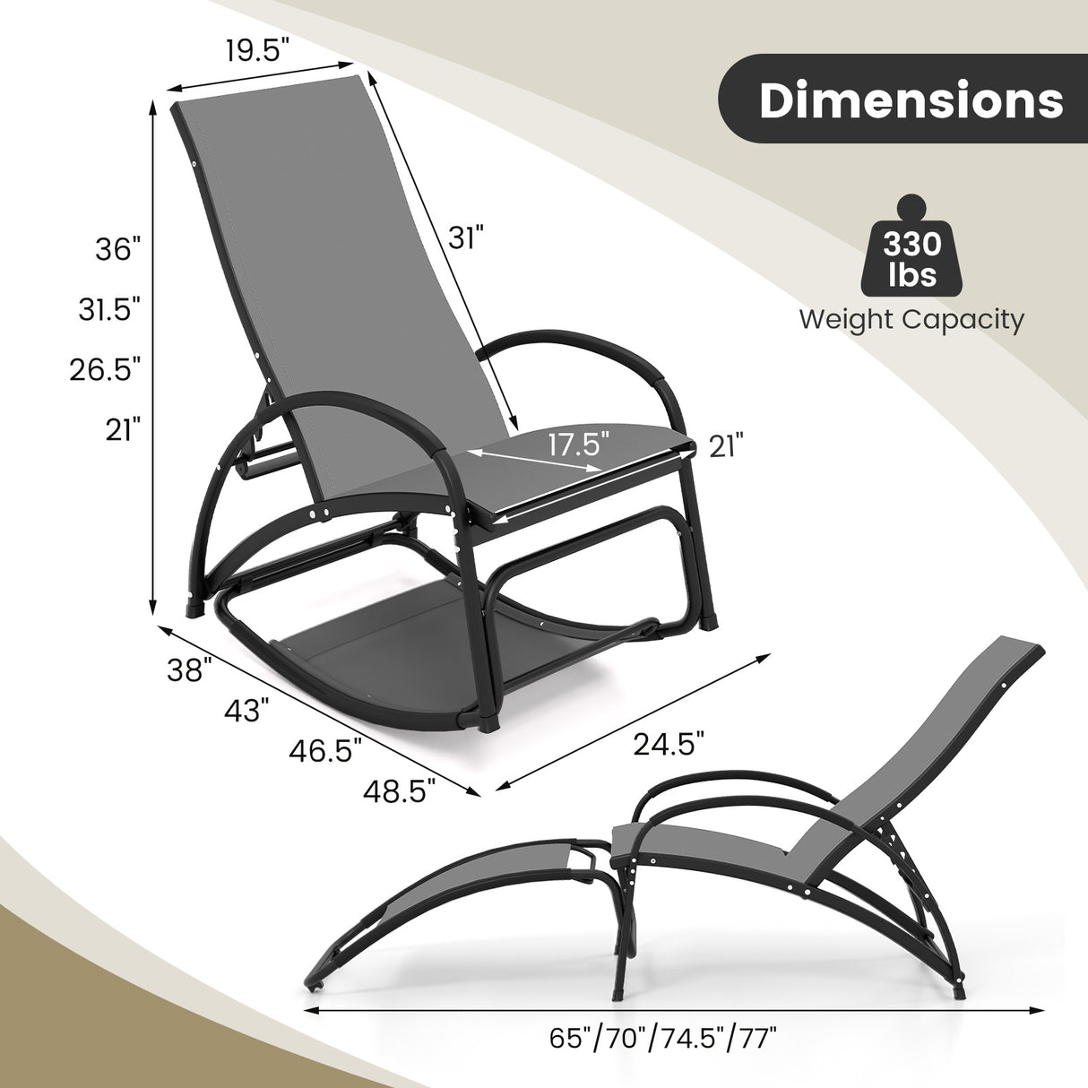 2-in-1 Outdoor Rocking Chair with 4-Position Adjustable Backrest for Patio Porch Poolside