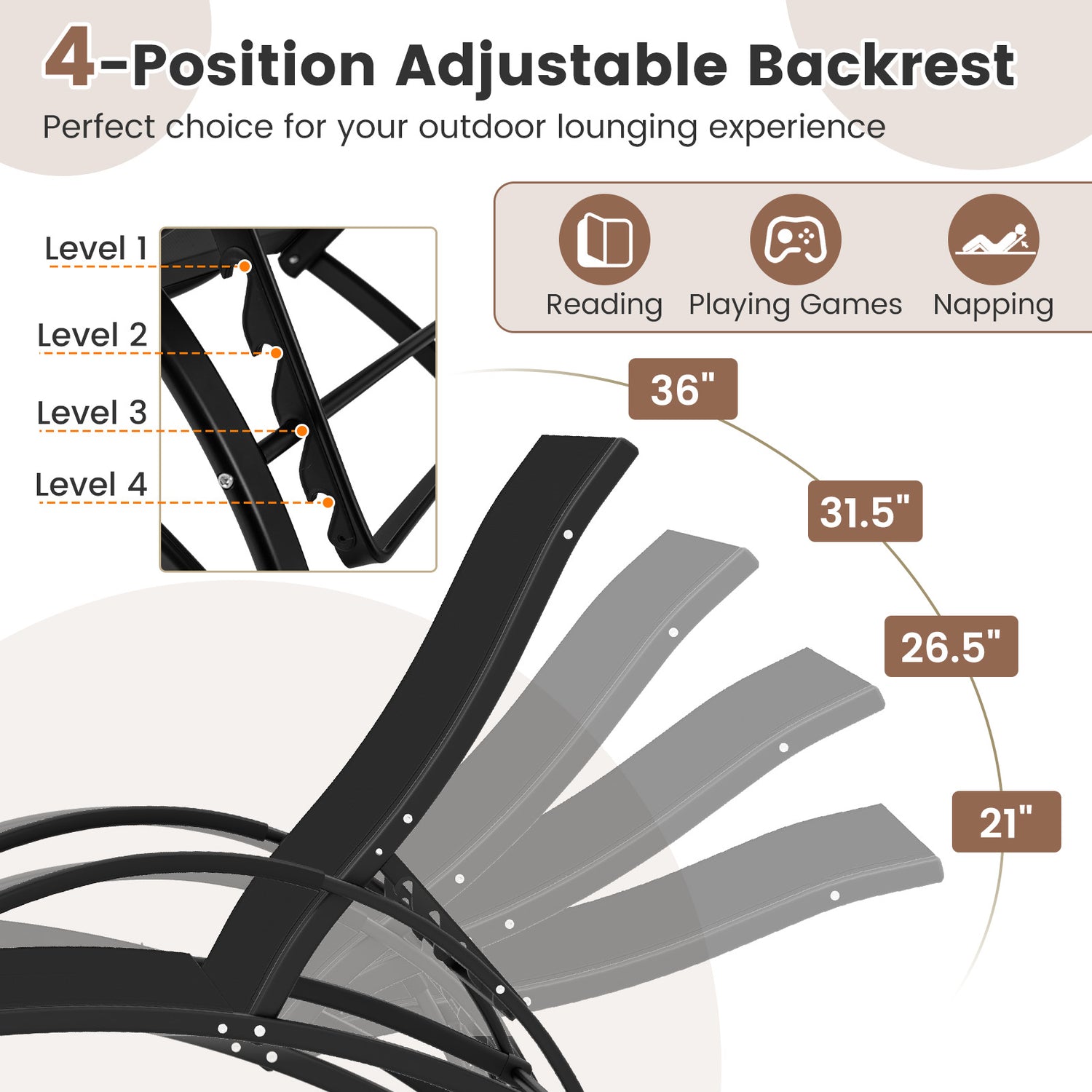 2-in-1 Outdoor Rocking Chair with 4-Position Adjustable Backrest for Patio Porch Poolside