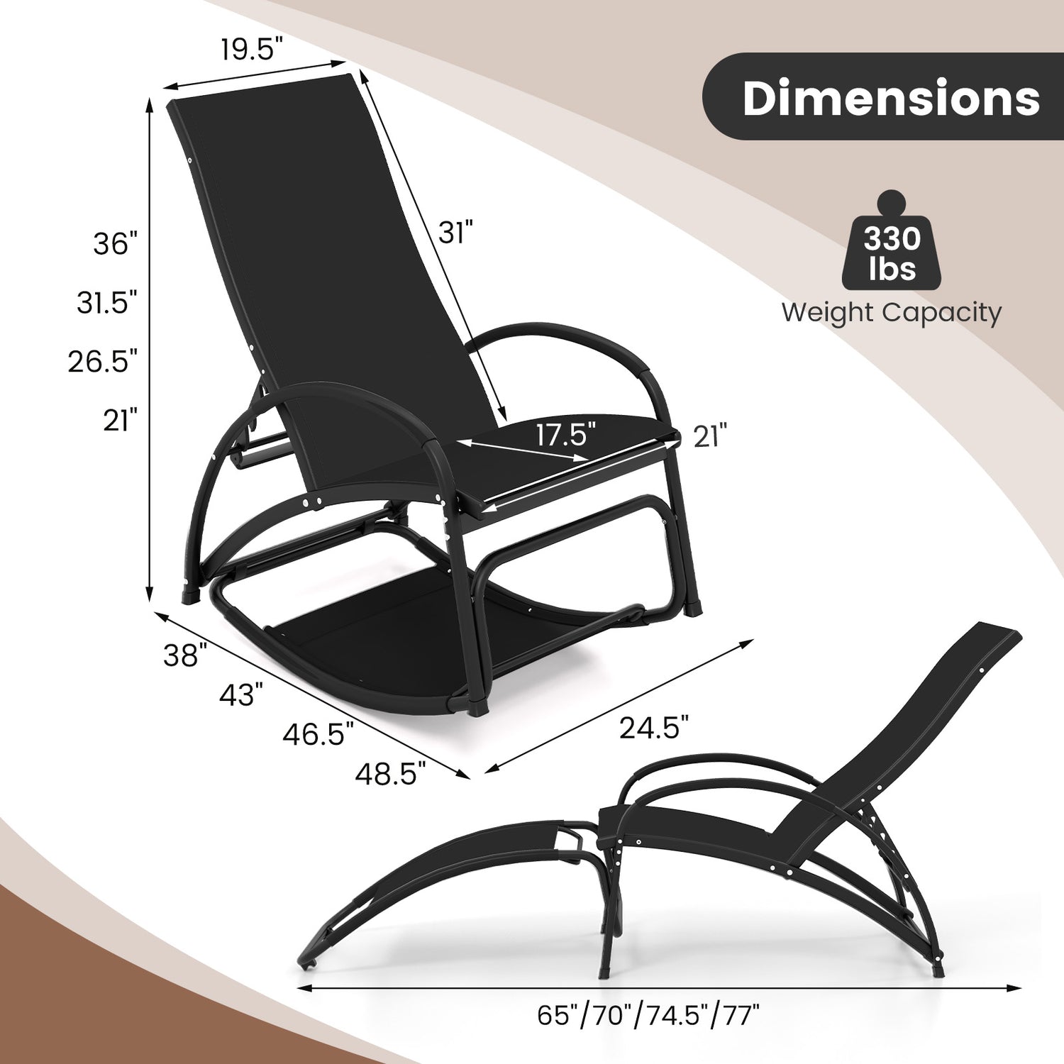 2-in-1 Outdoor Rocking Chair with 4-Position Adjustable Backrest for Patio Porch Poolside