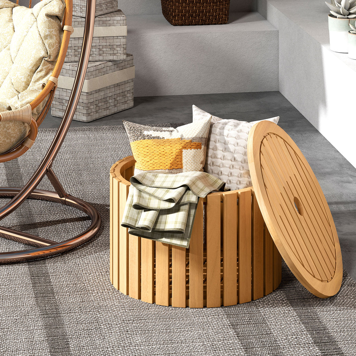 2-in-1 Outdoor Side Table with Storage Acacia Wood Slatted Coffee Table Square Slatted End Storage Box