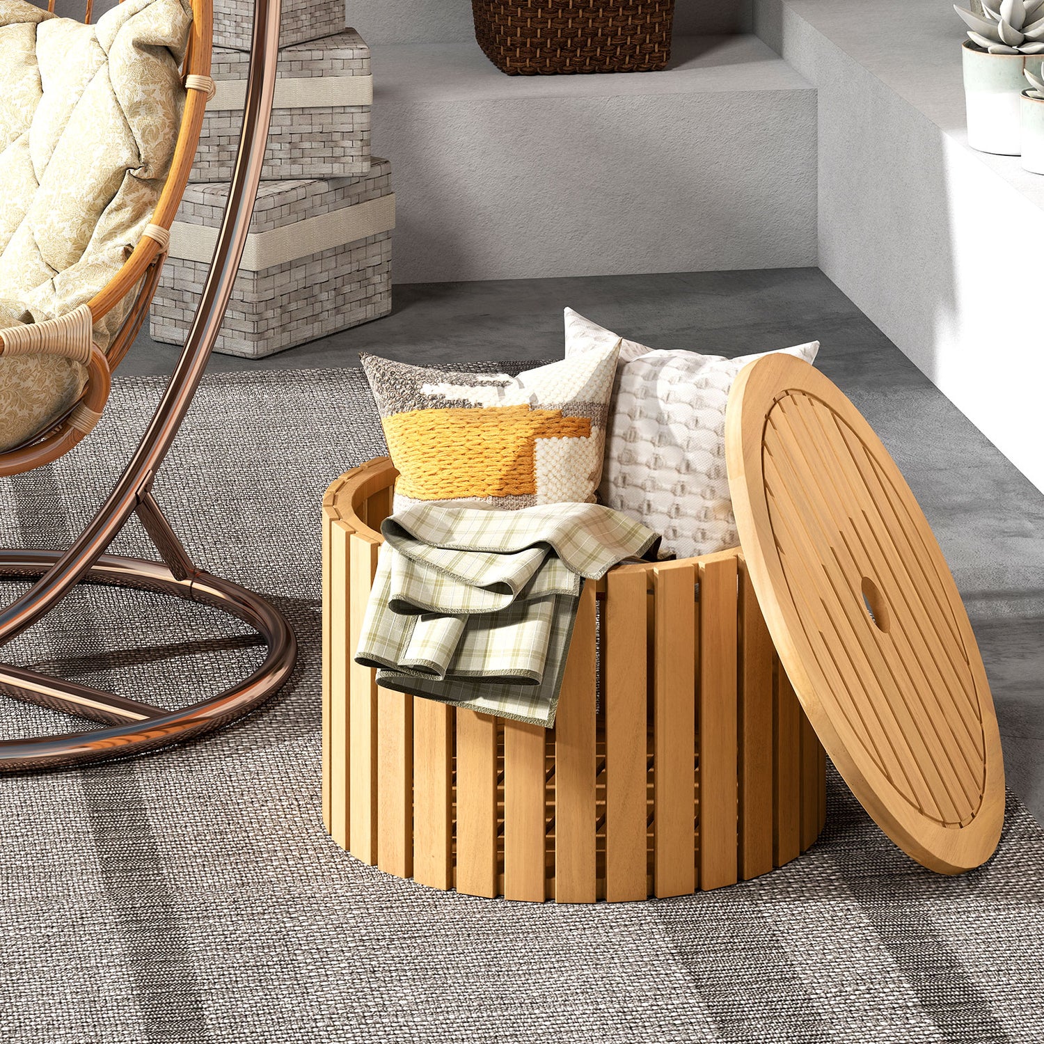 2-in-1 Outdoor Side Table with Storage Acacia Wood Slatted Coffee Table Square Slatted End Storage Box