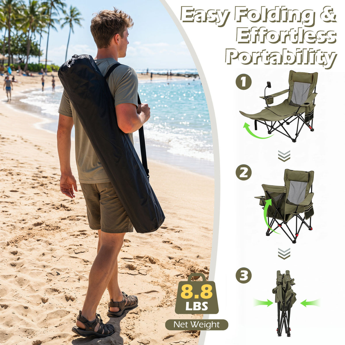 2-in-1 Reclining Camping Chair with 3-Level Adjustable Backrest