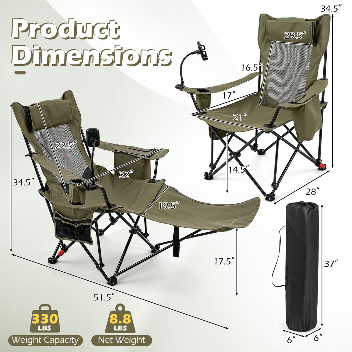 2-in-1 Reclining Camping Chair with 3-Level Adjustable Backrest