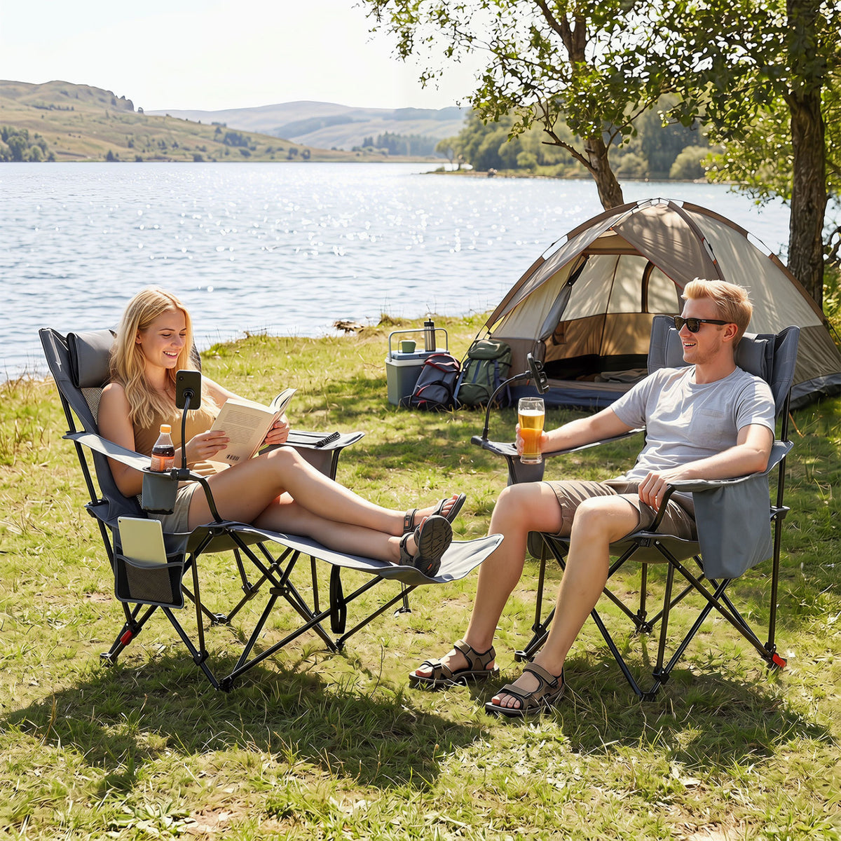 2-in-1 Reclining Camping Chair with 3-Level Adjustable Backrest