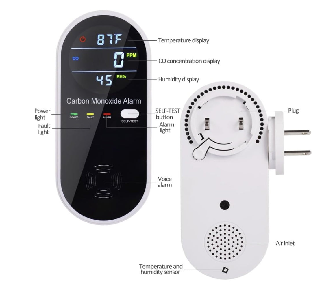 3-in-1 Carbon Monoxide Detector, Carbon Monoxide Detector Plug in Wall with Temperature & Humidity Display