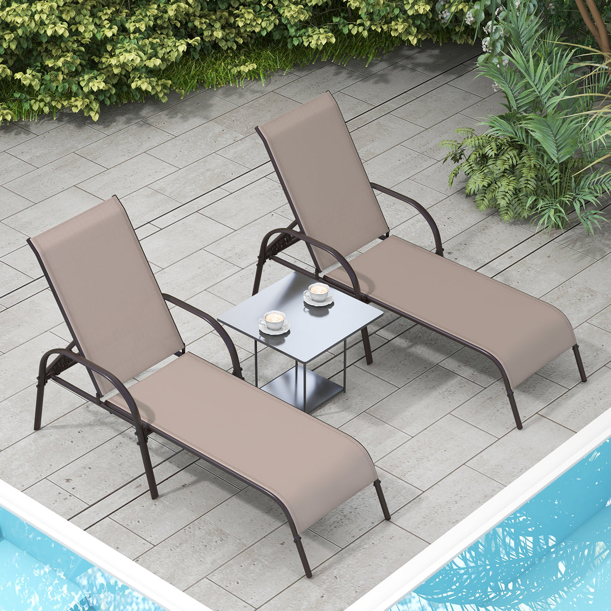 2 Pcs Outdoor Patio Lounge Chair Chaise Fabric with Adjustable Reclining Armrest