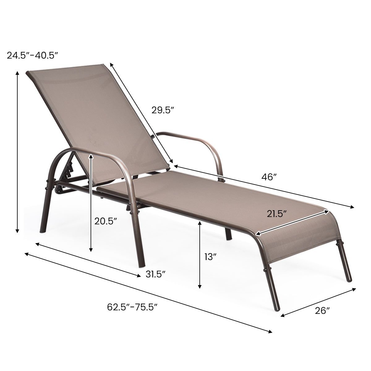 2 Pcs Outdoor Patio Lounge Chair Chaise Fabric with Adjustable Reclining Armrest