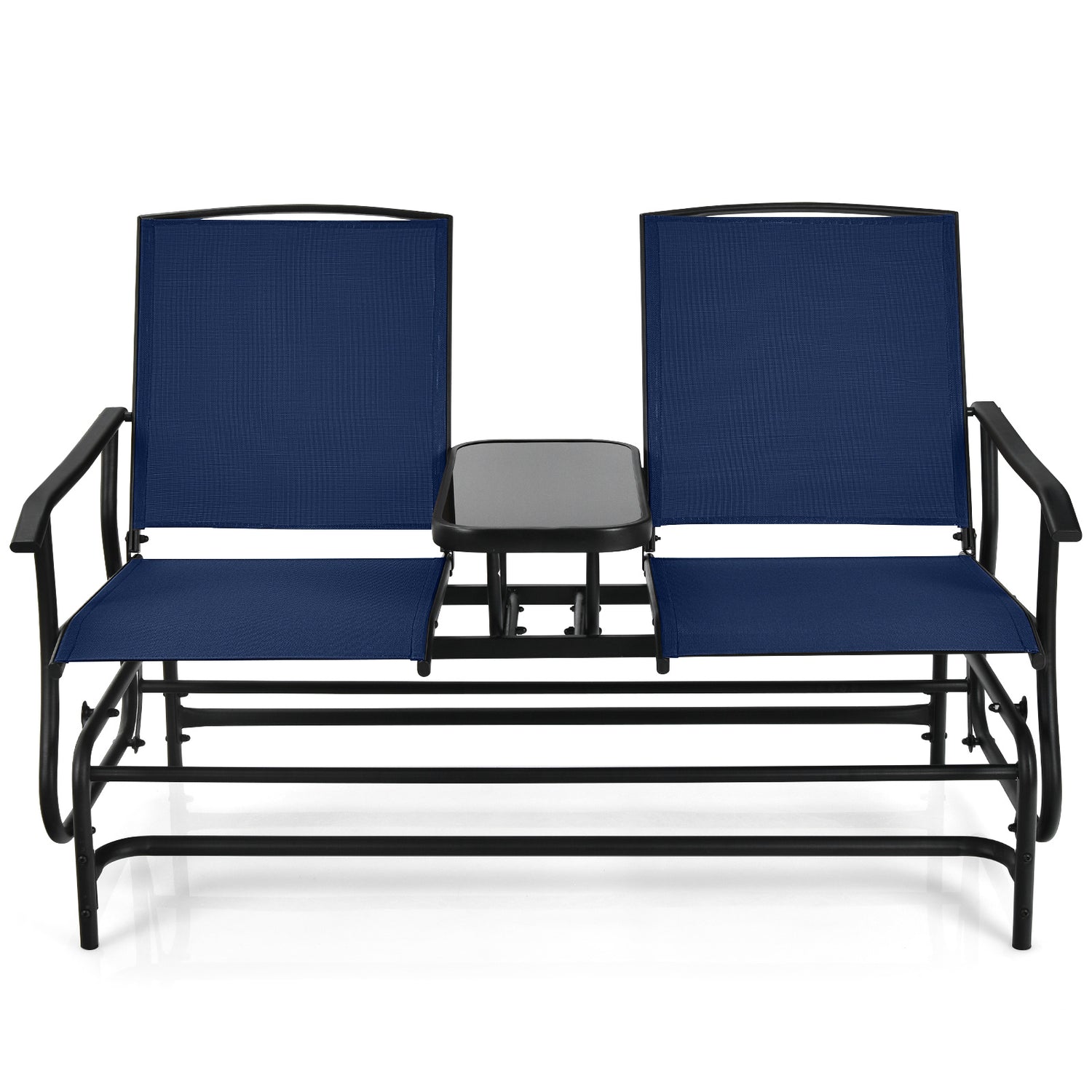2-Person Rocking Loveseat with Mesh Fabric and Tempered Glass Table