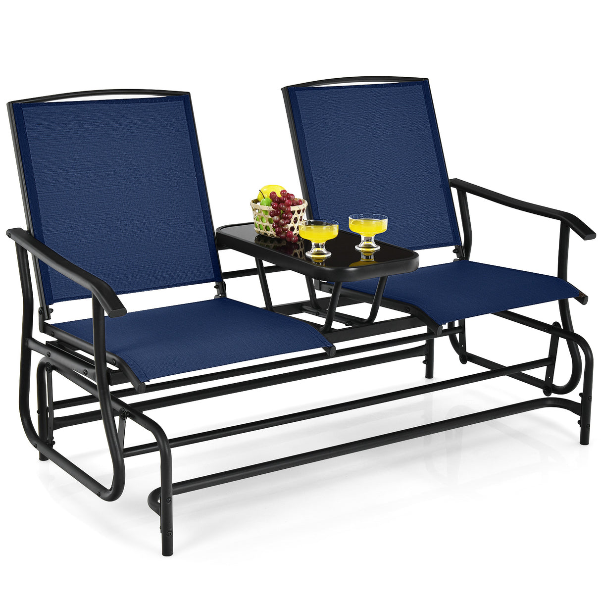 2-Person Rocking Loveseat with Mesh Fabric and Tempered Glass Table