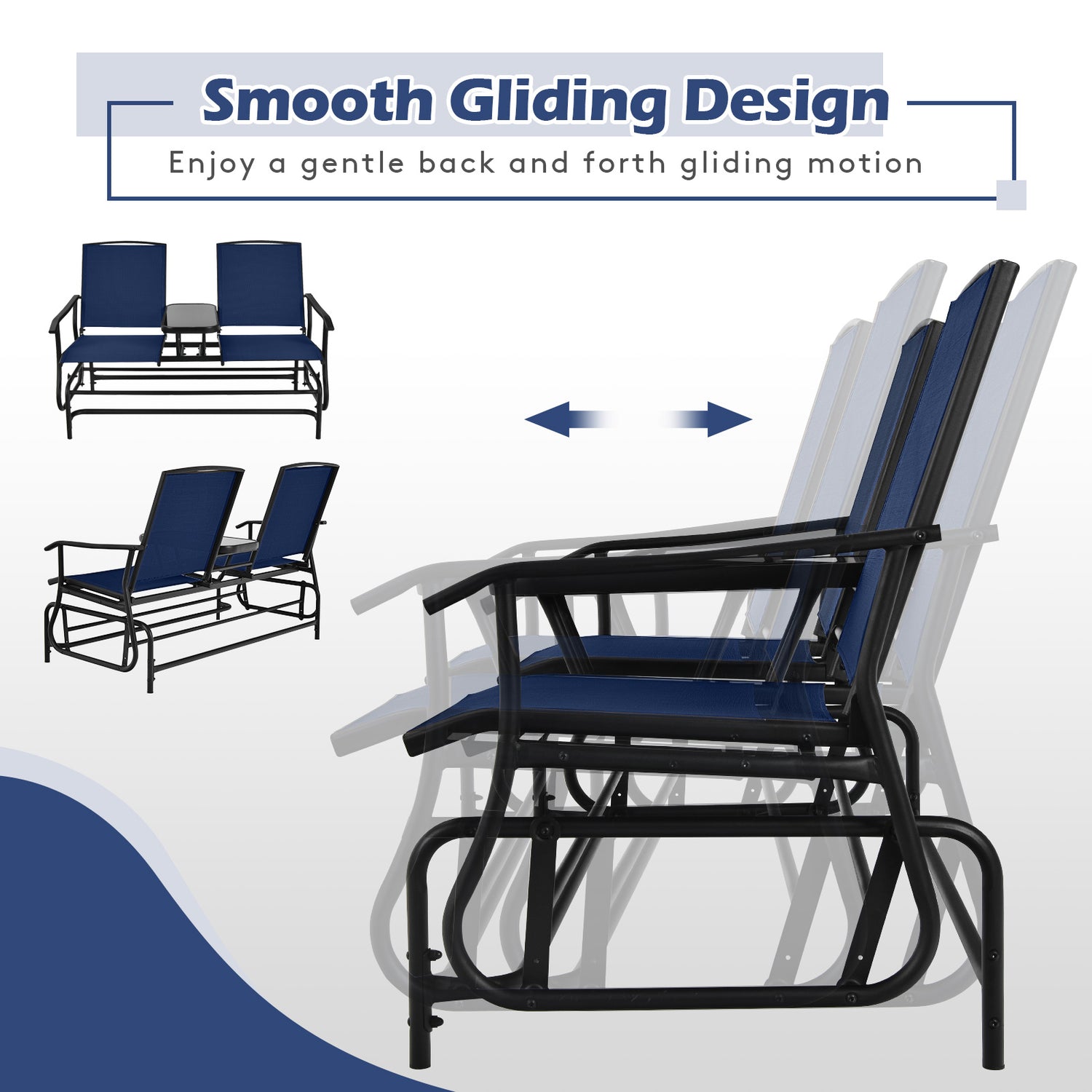 2-Person Rocking Loveseat with Mesh Fabric and Tempered Glass Table