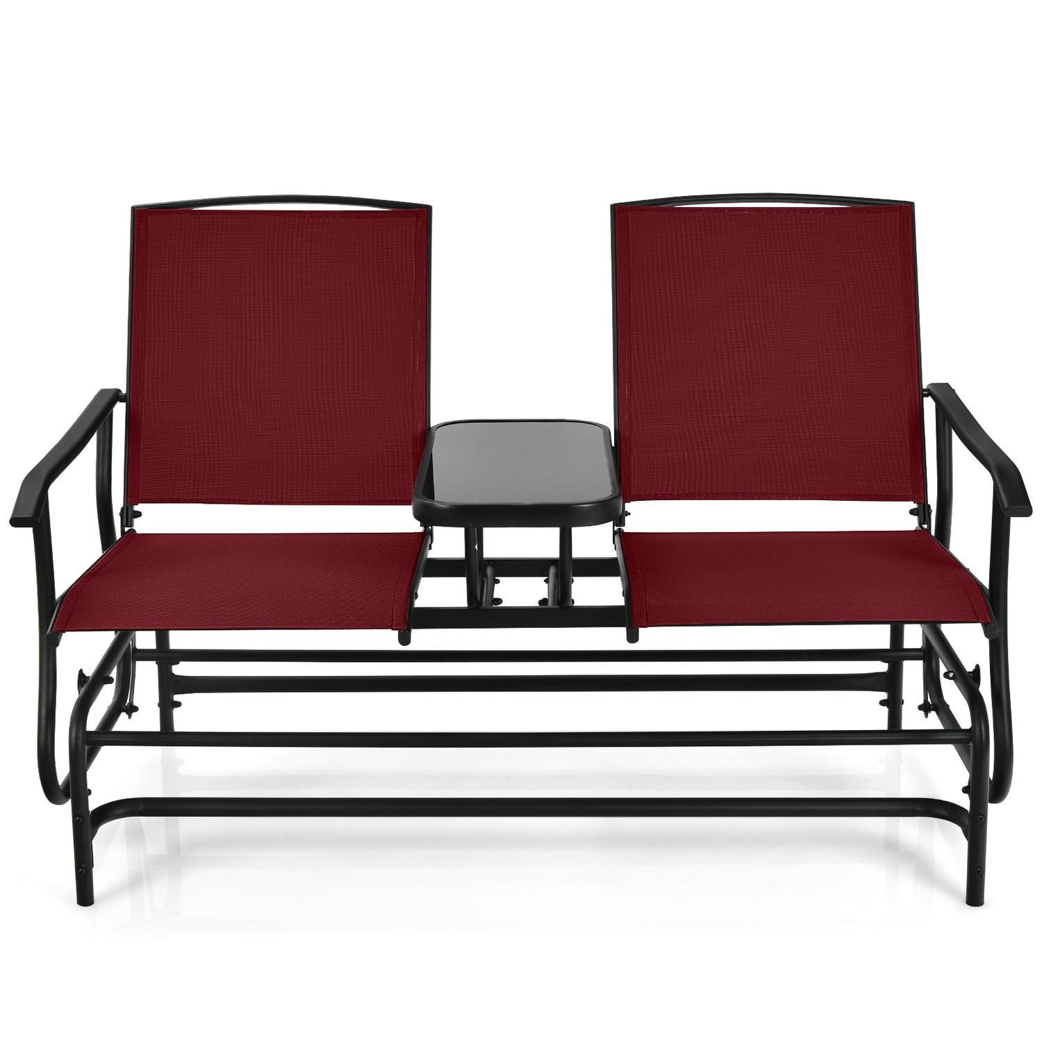 2-Person Rocking Loveseat with Mesh Fabric and Tempered Glass Table