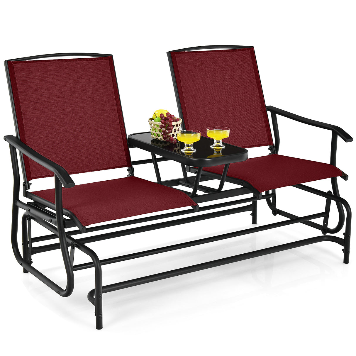 2-Person Rocking Loveseat with Mesh Fabric and Tempered Glass Table