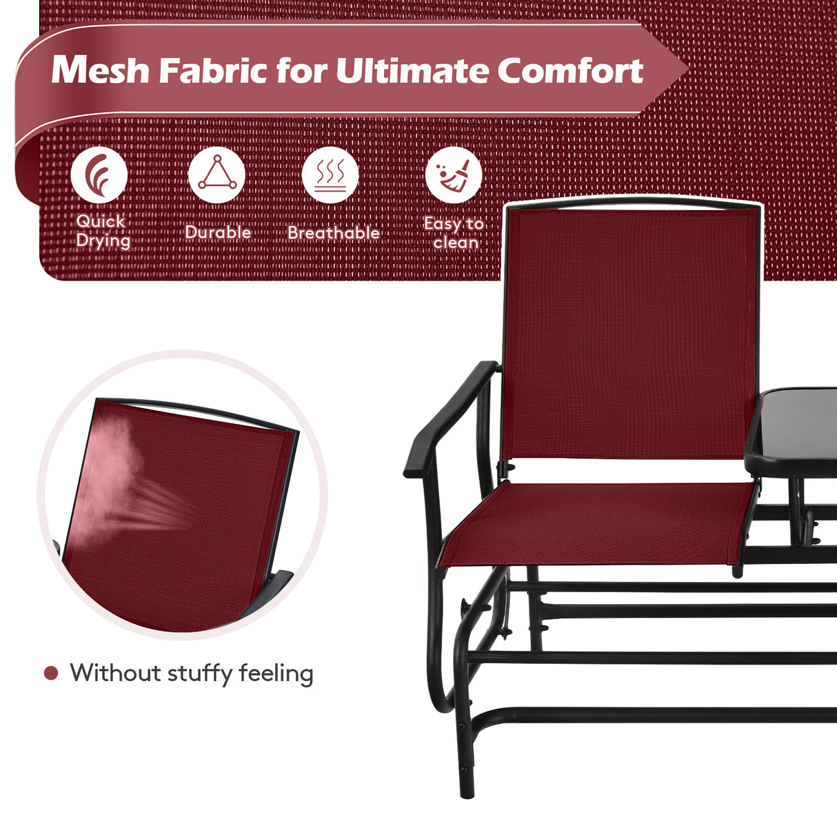 2-Person Rocking Loveseat with Mesh Fabric and Tempered Glass Table