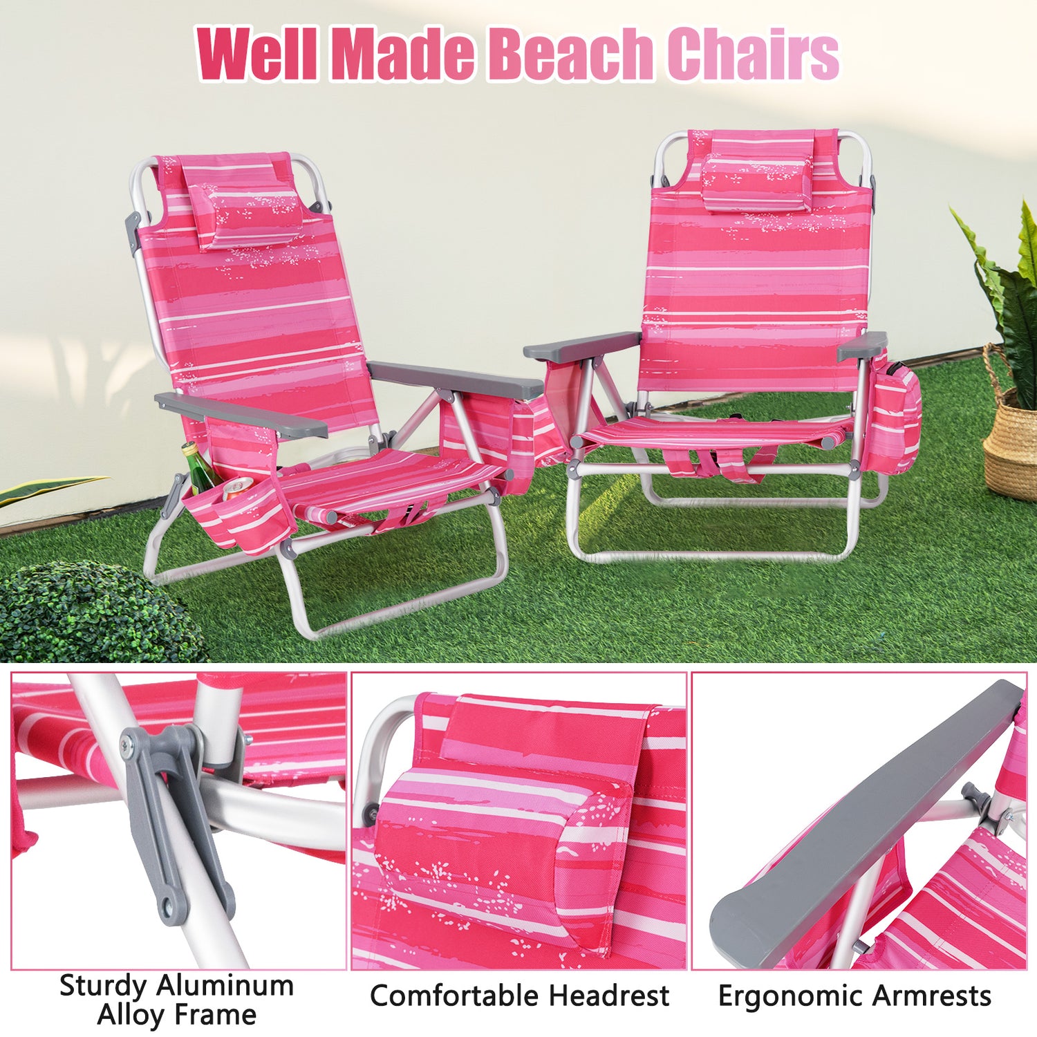 2-Pack Folding Backpack Beach Chair 5-Position Outdoor Reclining Chairs with Pillow
