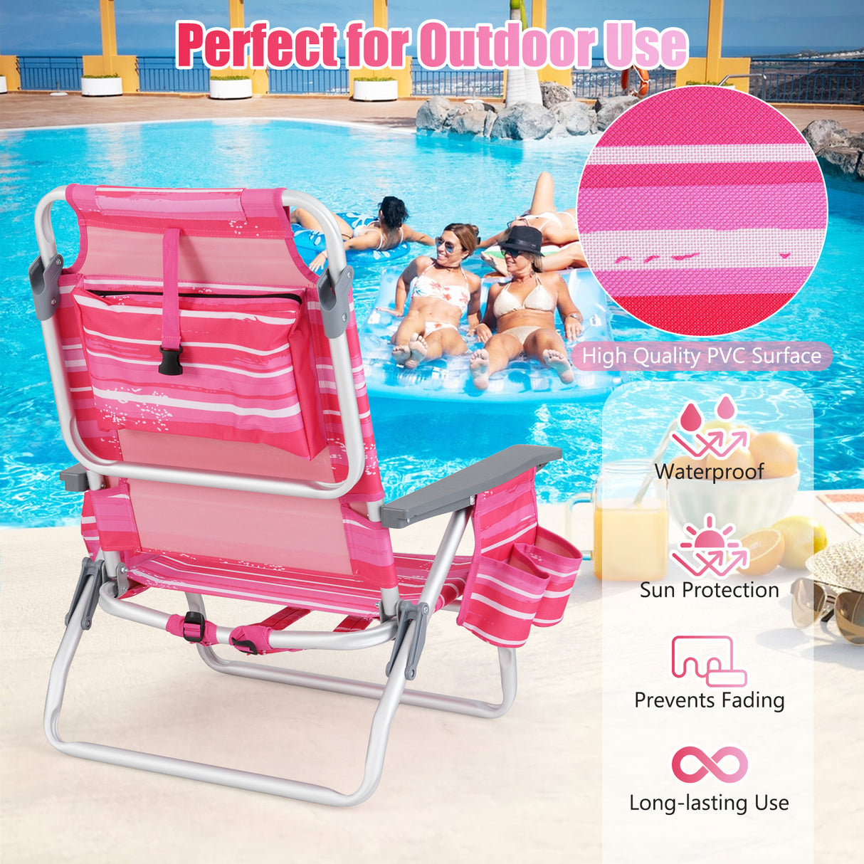 2-Pack Folding Backpack Beach Chair 5-Position Outdoor Reclining Chairs with Pillow