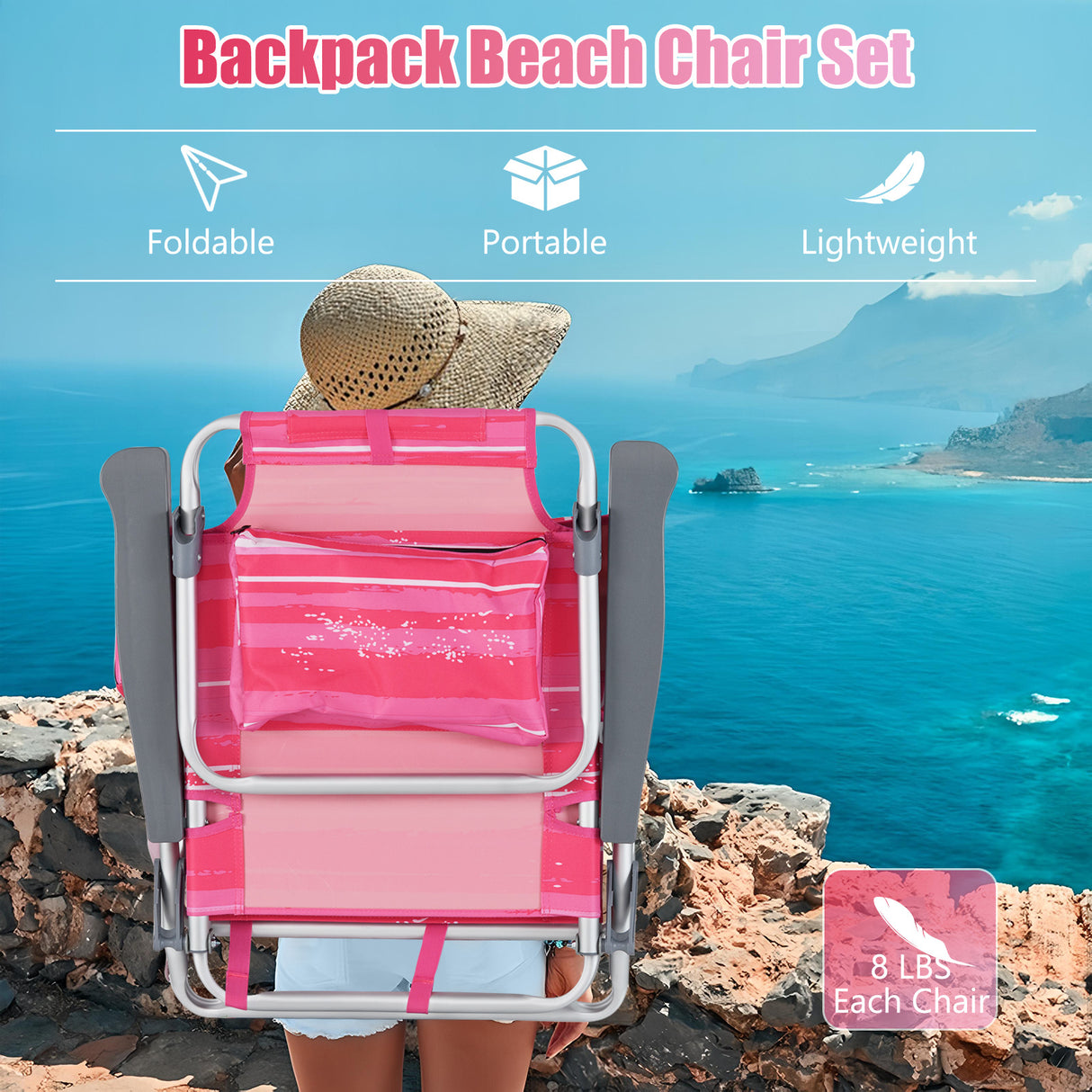 2-Pack Folding Backpack Beach Chair 5-Position Outdoor Reclining Chairs with Pillow