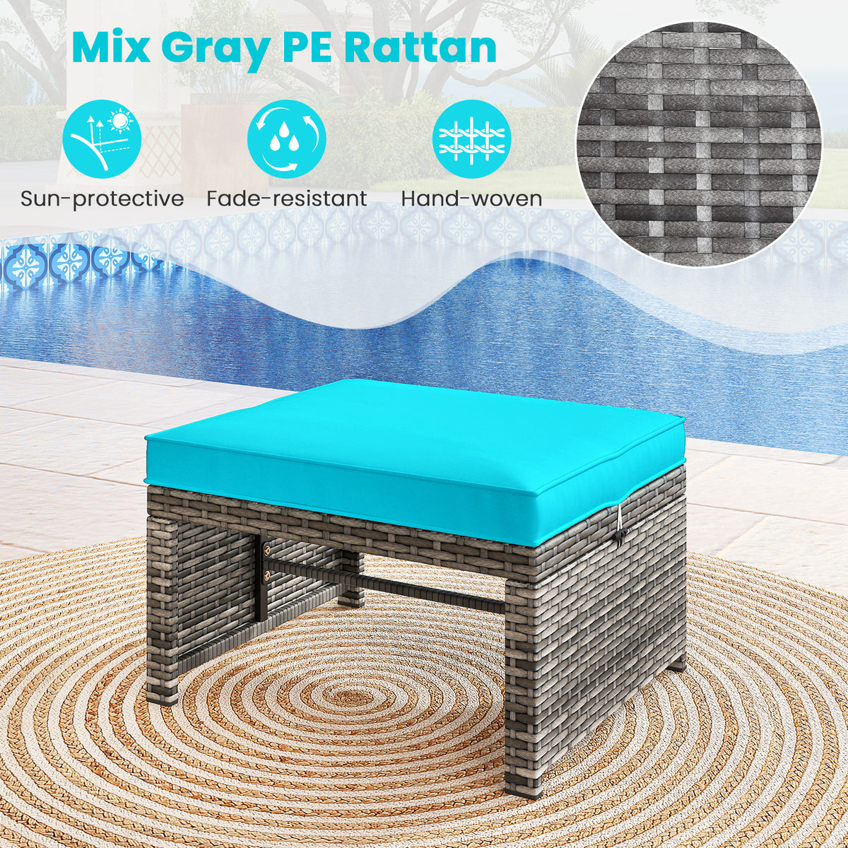 2 Pieces Patio PE Rattan Ottomans with Soft Zippered Cushions for Deck