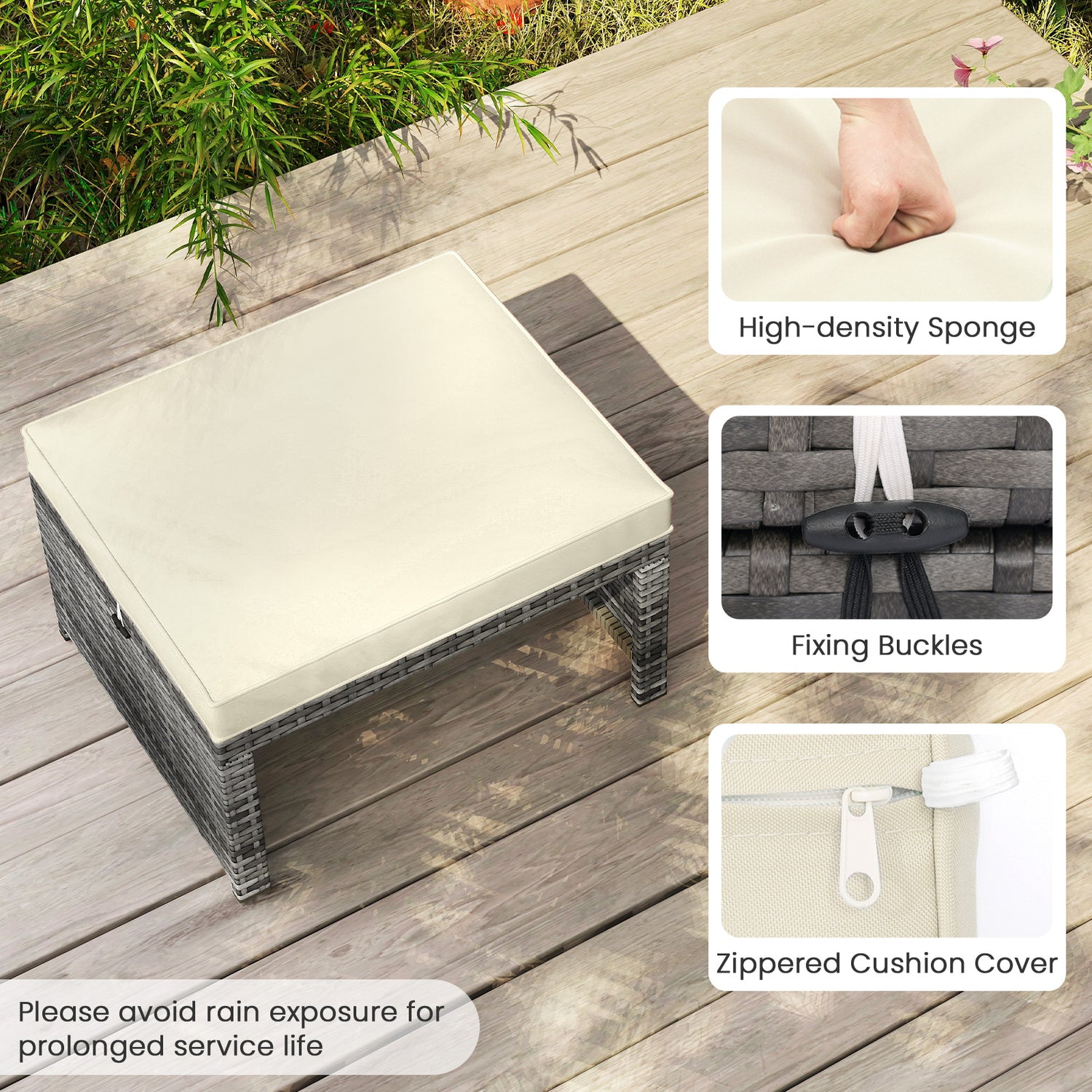 2 Pieces Patio PE Rattan Ottomans with Soft Zippered Cushions for Deck