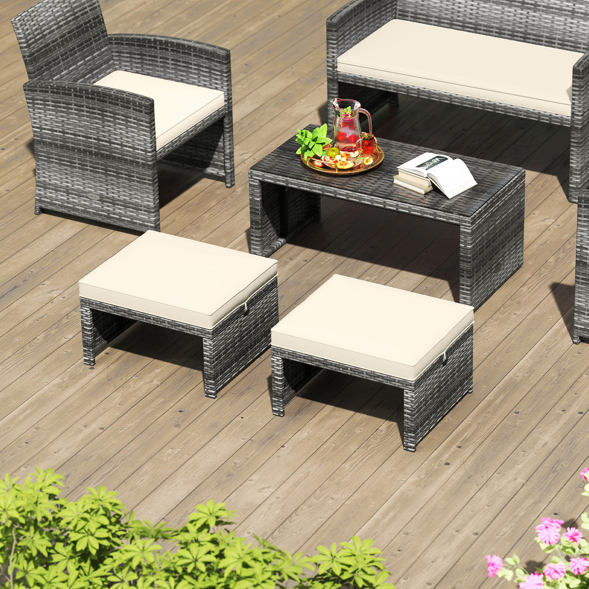 2 Pieces Patio PE Rattan Ottomans with Soft Zippered Cushions for Deck