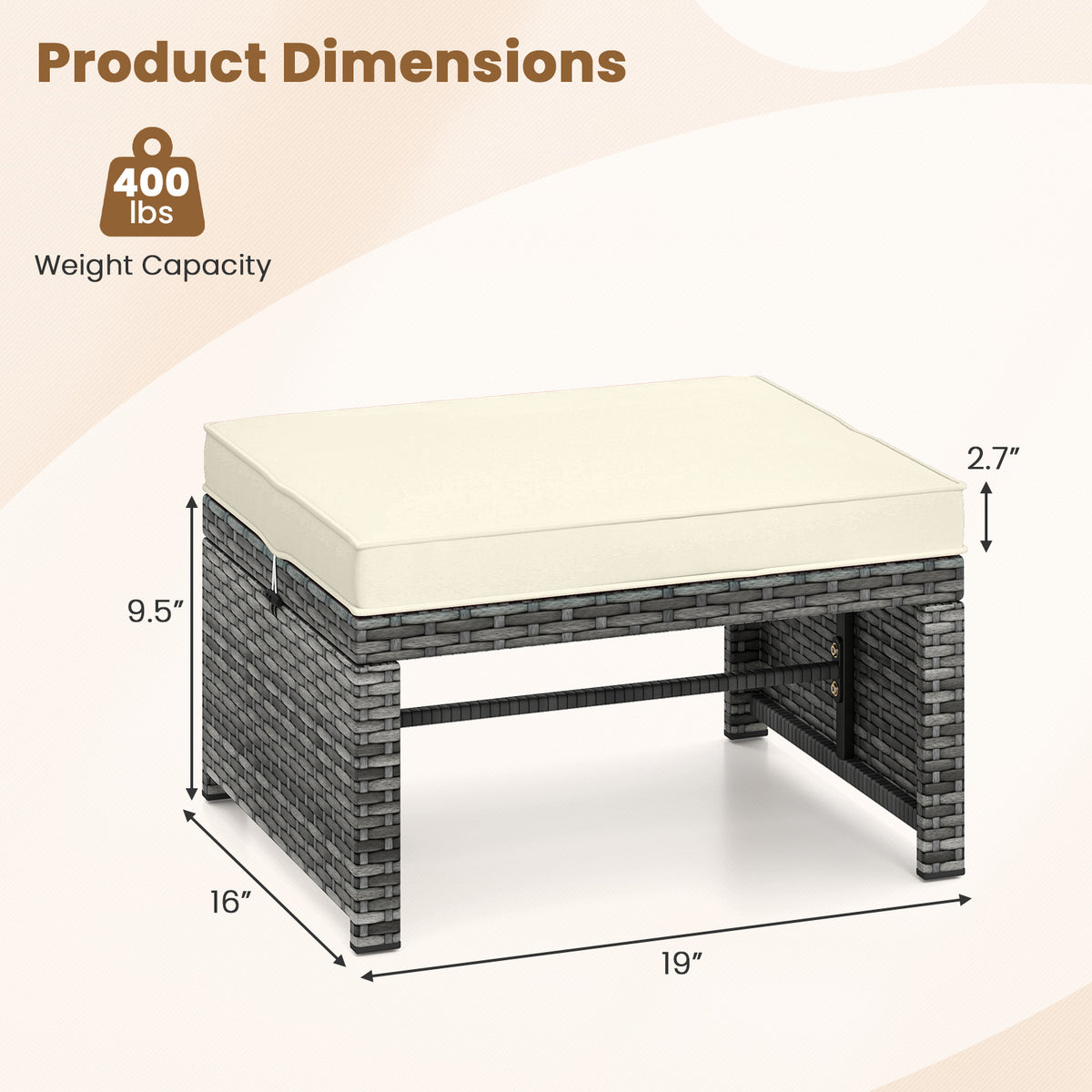 2 Pieces Patio PE Rattan Ottomans with Soft Zippered Cushions for Deck